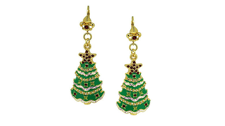 Enamel and Crystal Christmas Tree Clip on Earrings Festive Earrings Secret Santa